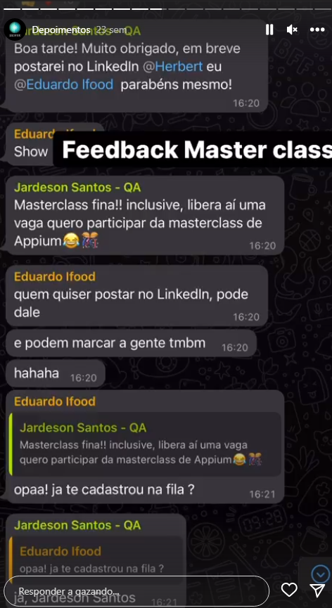 Depoimentos de alunos da QA Web.