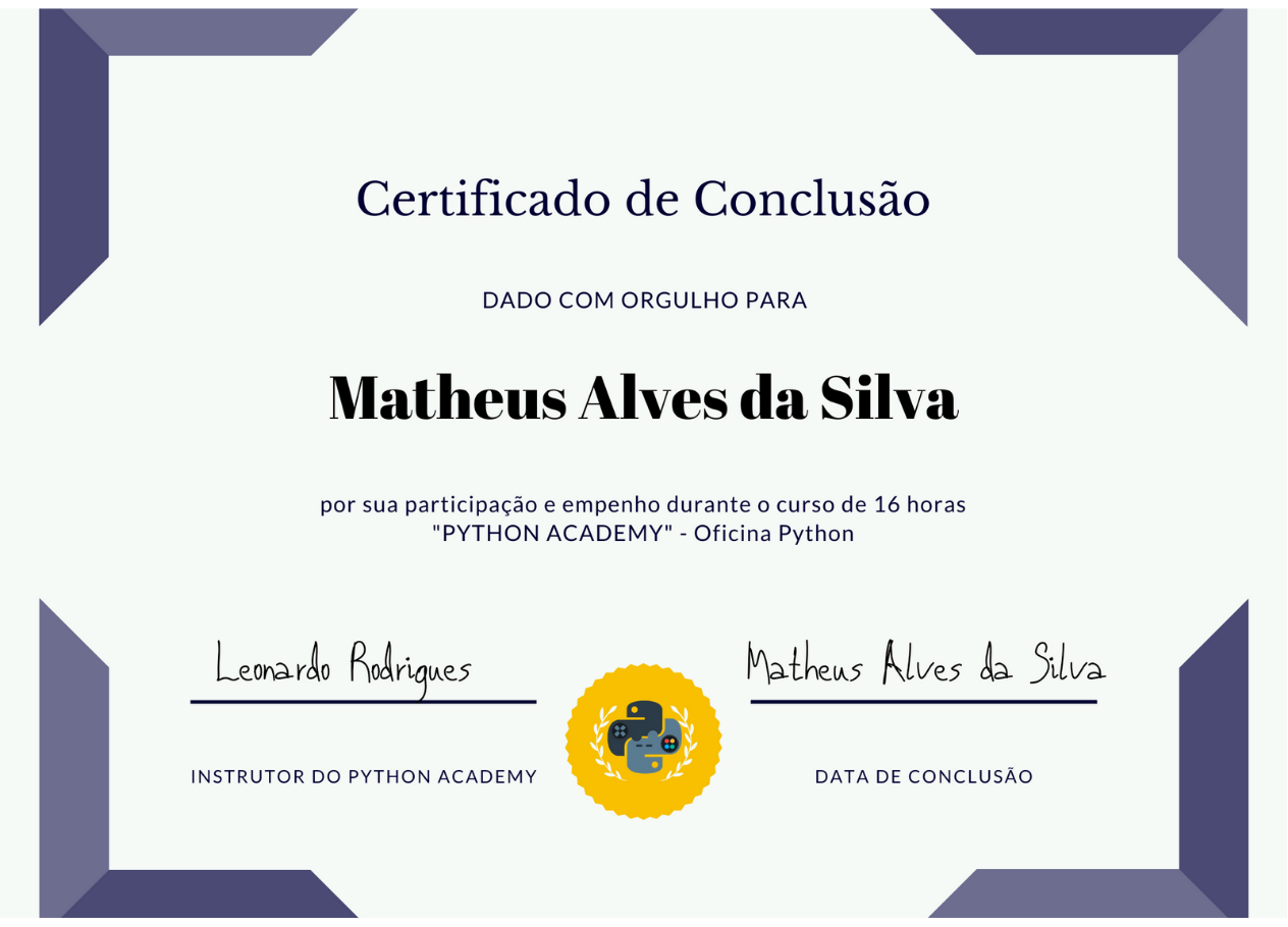 Certificado de conclusão do Curso Python Academy.